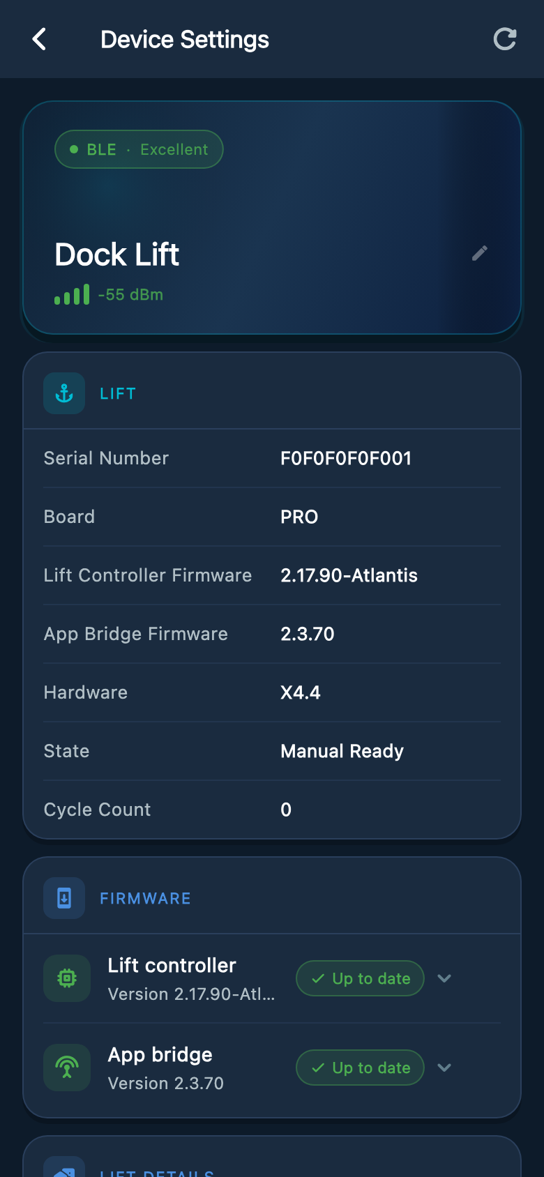Atlantis Boater Device Settings showing X4.4 hardware, the serial number, and firmware details.