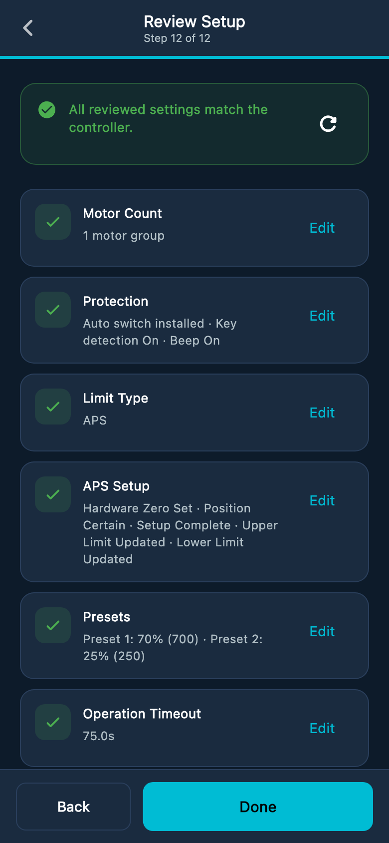 Atlantis Boater Review Setup screen showing saved settings for a sample completed installation
