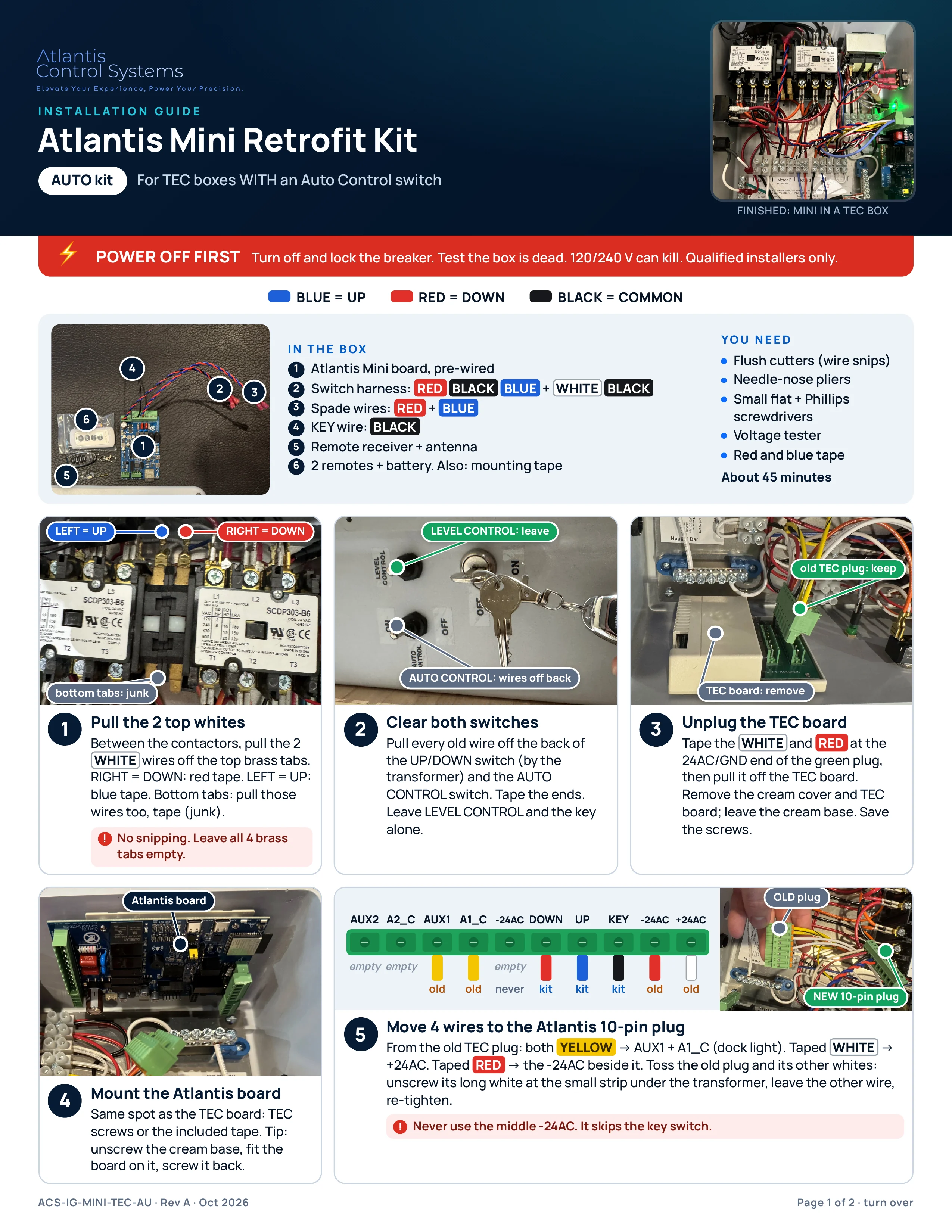 Page 1 of the AUTO kit install guide: power-off warning, color rule, kit contents, tools, and steps 1 to 5 with labeled photos