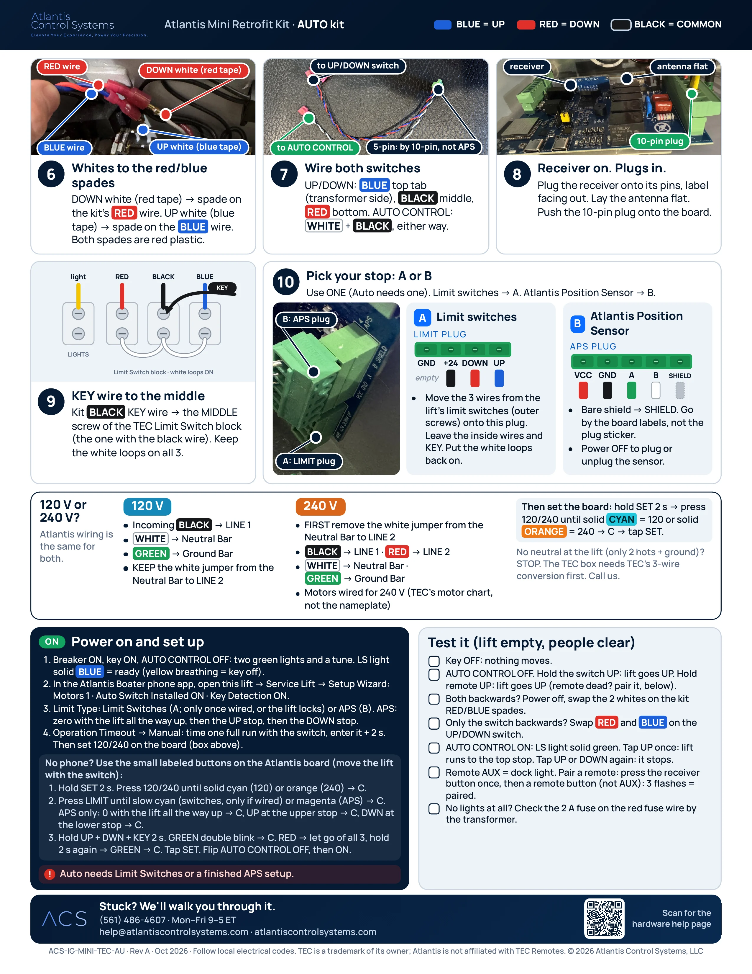 Page 2 of the AUTO kit install guide: steps 6 to 10, 120 V or 240 V wiring, power-on setup, board-button setup, tests, and support contacts