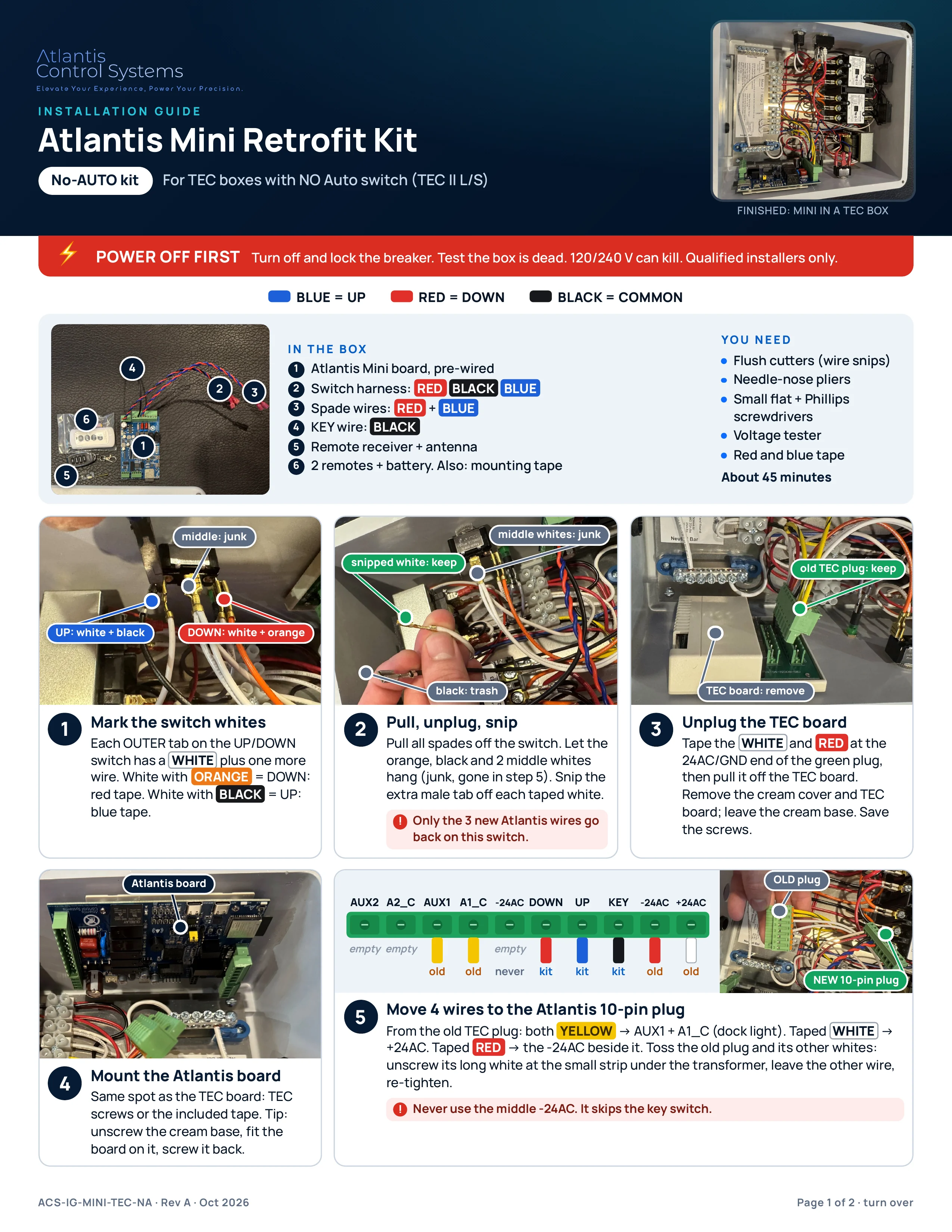 Page 1 of the No-AUTO kit install guide: power-off warning, color rule, kit contents, tools, and steps 1 to 5 with labeled photos