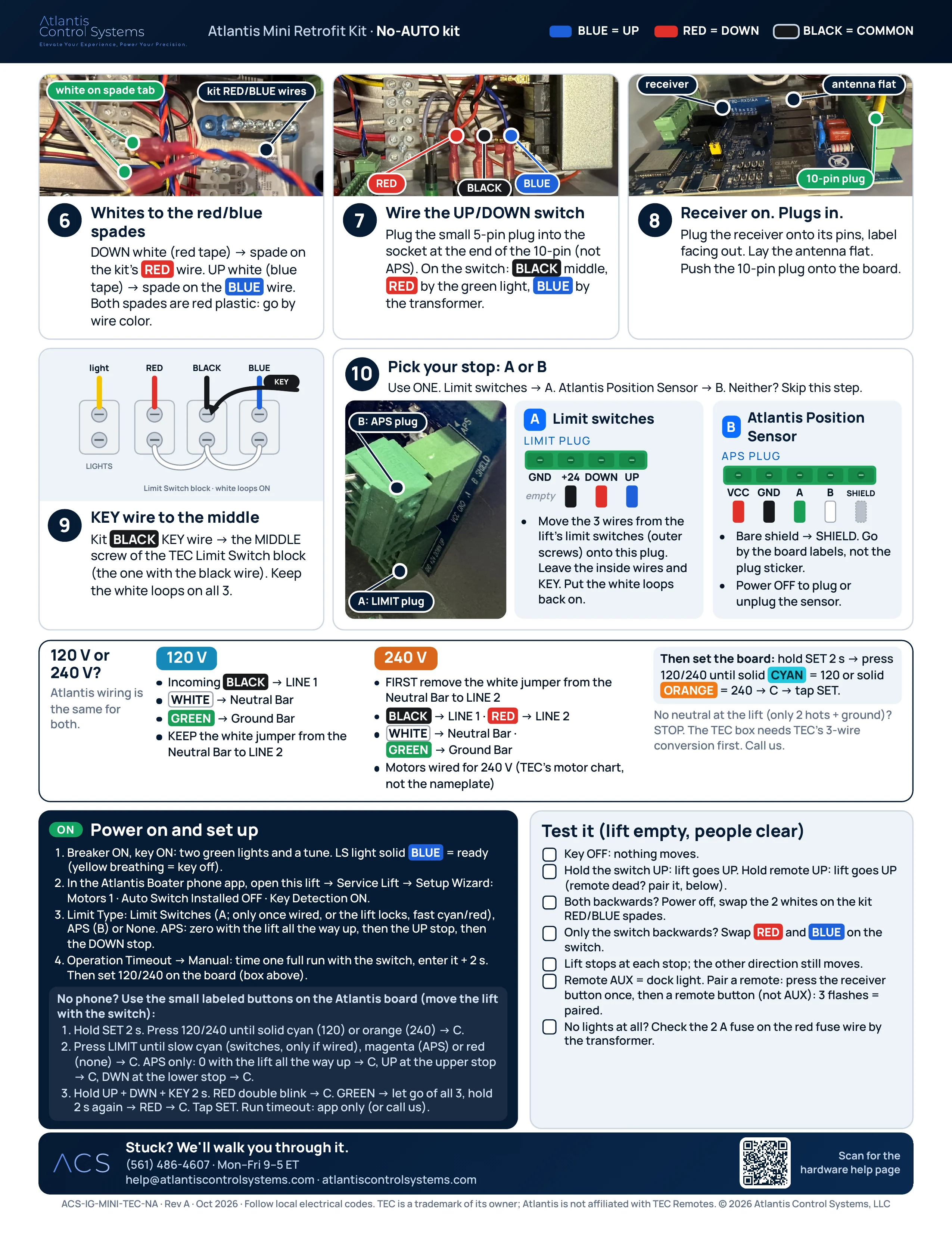 Page 2 of the No-AUTO kit install guide: steps 6 to 10, 120 V or 240 V wiring, power-on setup, board-button setup, tests, and support contacts